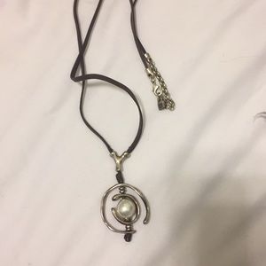 Silver, pearl and brown leather necklace